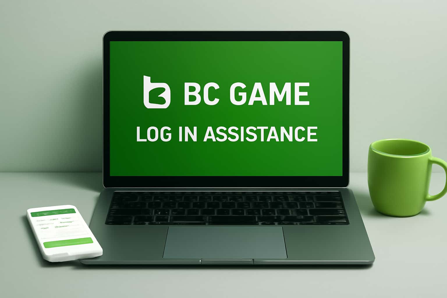 A professional representation of BC Game Login Assistance with green accents.